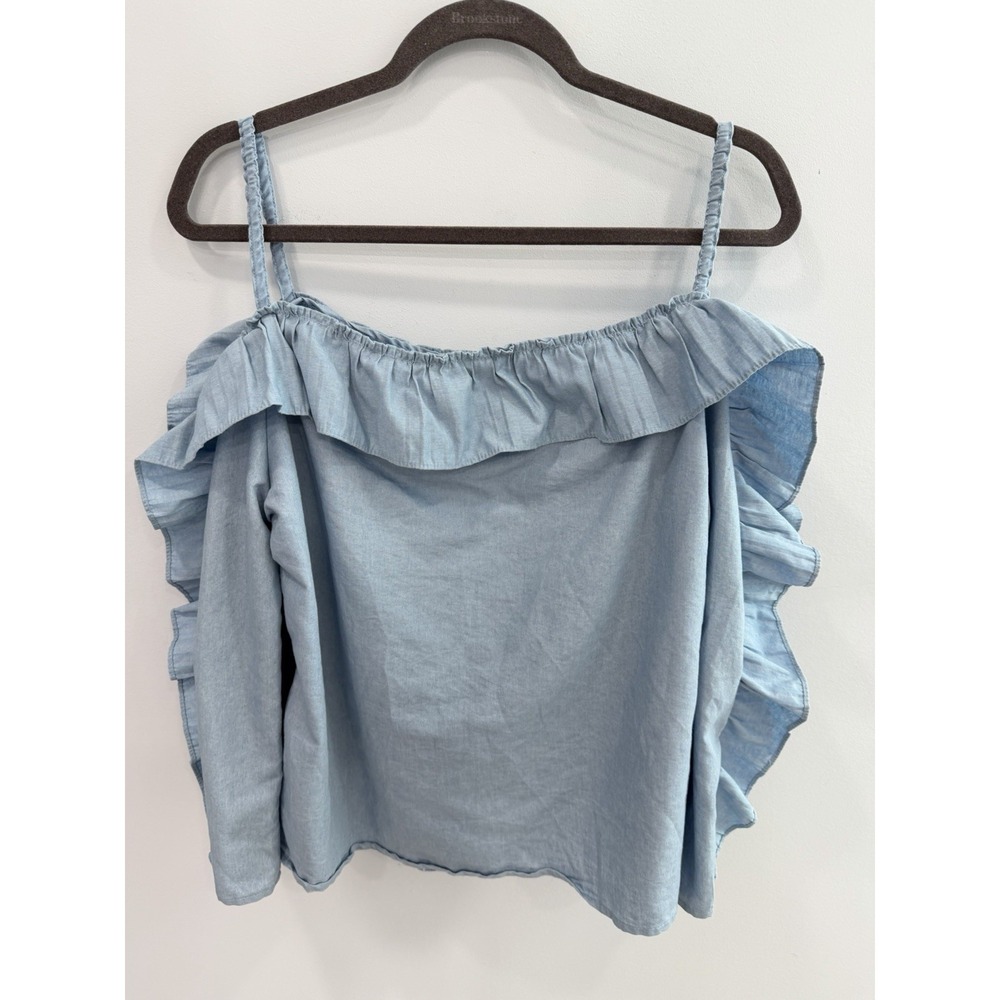 Love by Design Chambray Off Shoulder Ruffle Peasant Top Blue Medium Boho Chic - Picture 4 of 7